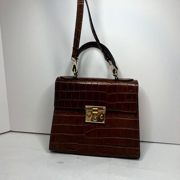 Sali Beige Italian Leather Crocodile Print Top Handle Crossbody Bag Womens - Picture 2 of 12